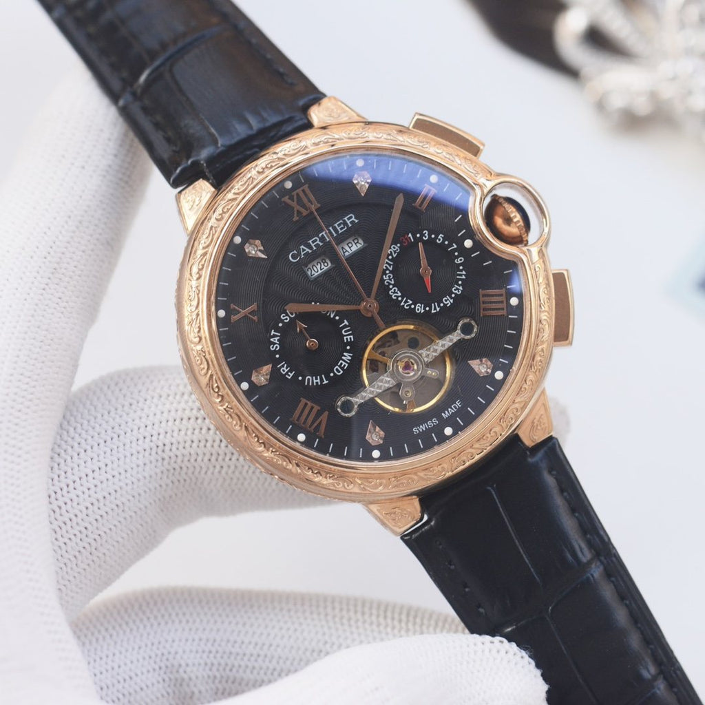 CARTIER Rose Gold Black Dial Leather Strap Watch — hero