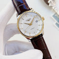 LONGINES Brown Silver White Dial Leather Strap Watch — hero