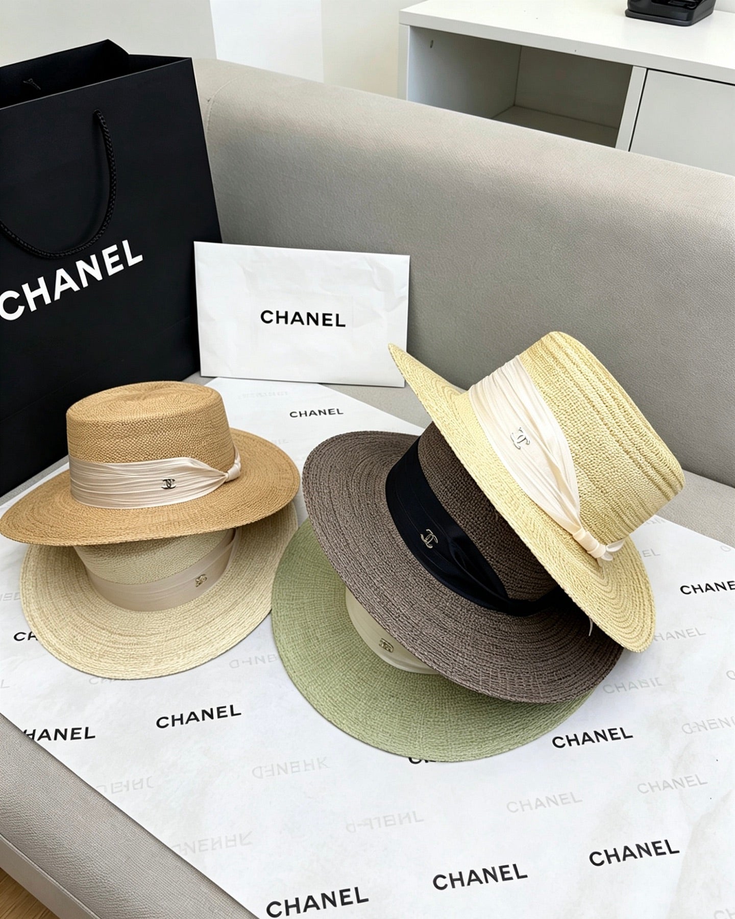 CHANEL Straw Flat-Top Hat
