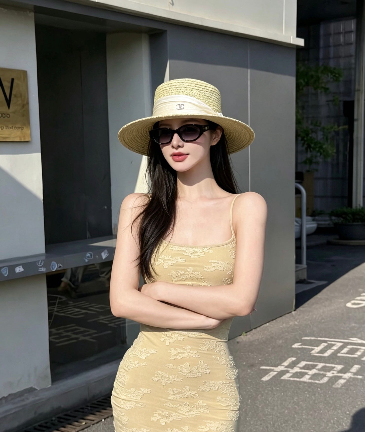 CHANEL Straw Flat-Top Hat