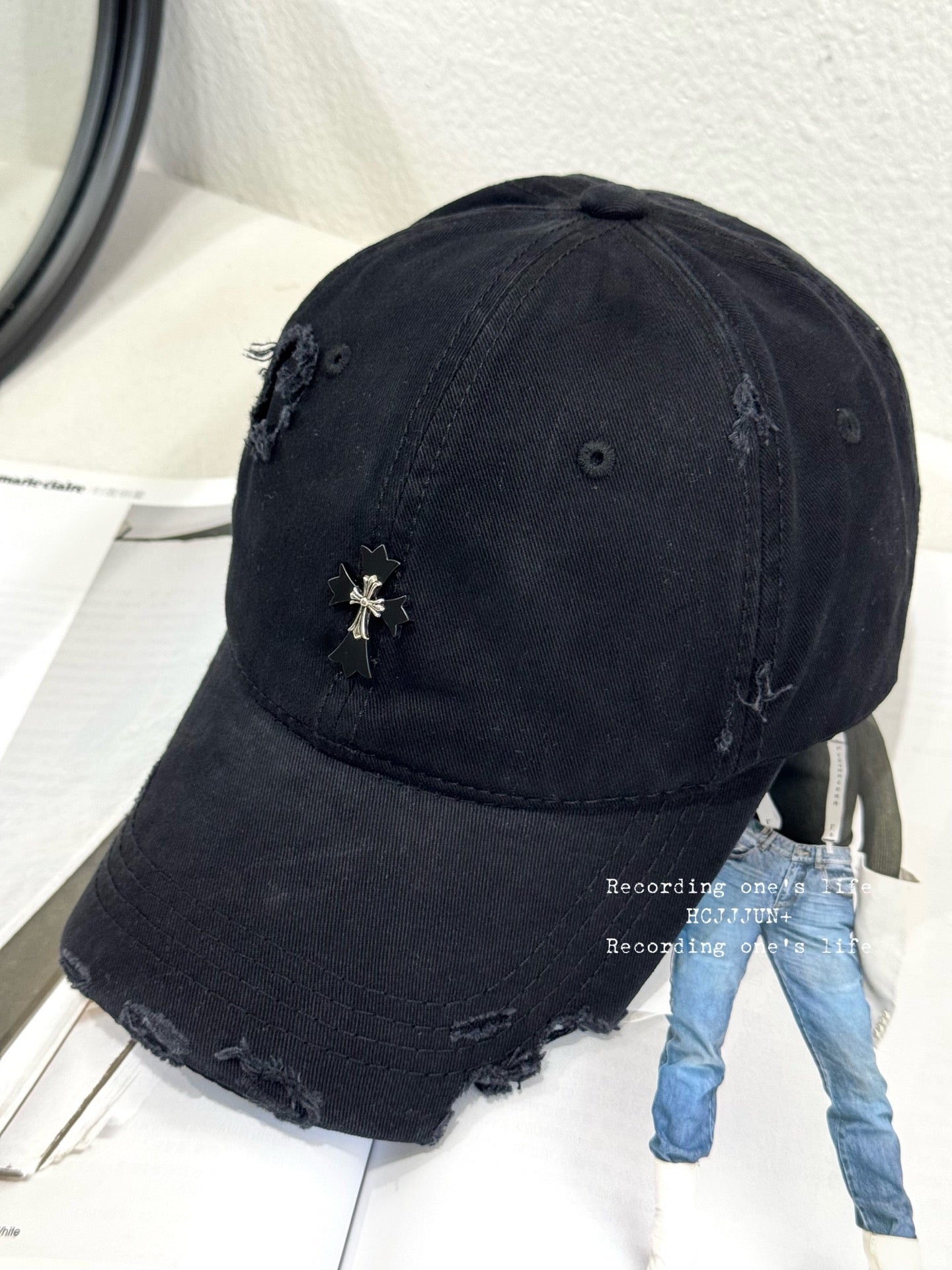 Chrome Hearts Distressed Black Baseball Cap