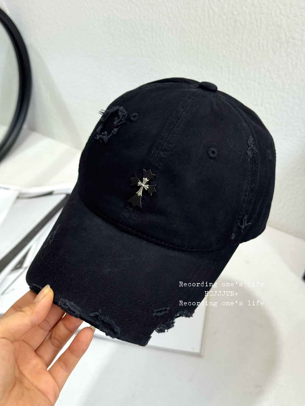 Chrome Hearts Distressed Black Baseball Cap