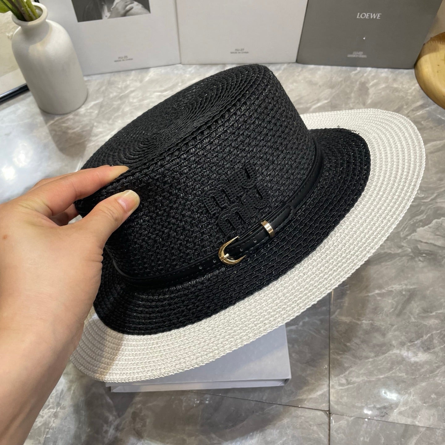 MIU MIU Raffia Straw Boater Hat