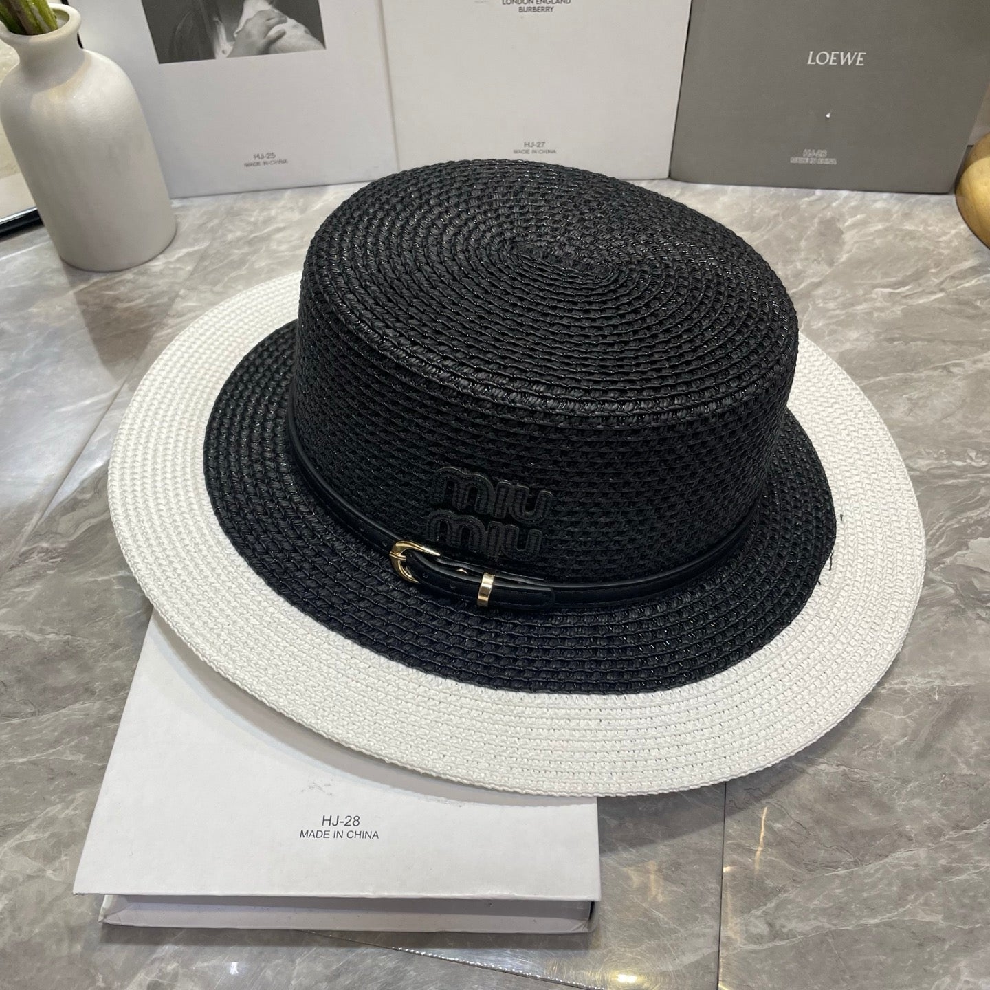MIU MIU Raffia Straw Boater Hat