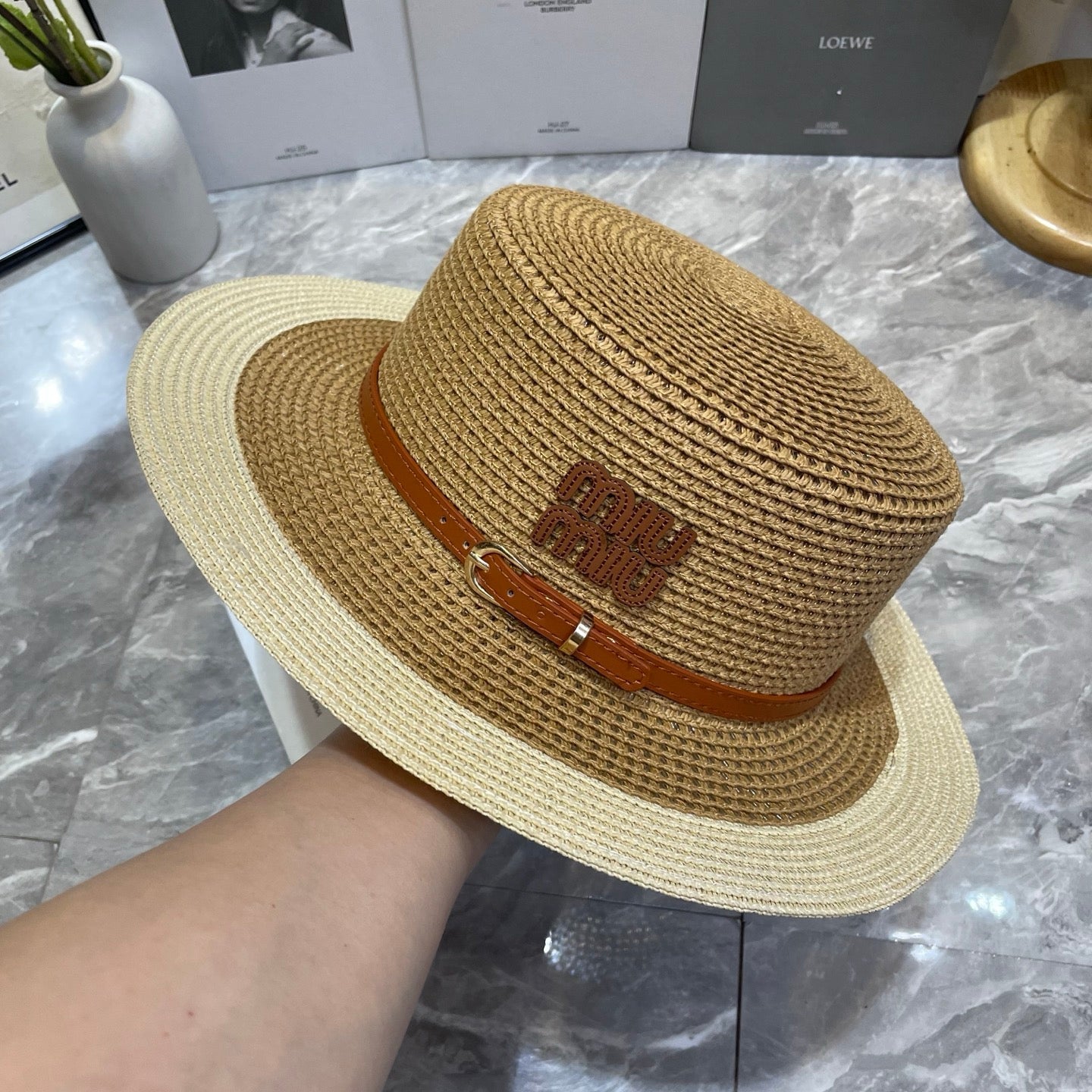 MIU MIU Raffia Straw Boater Hat