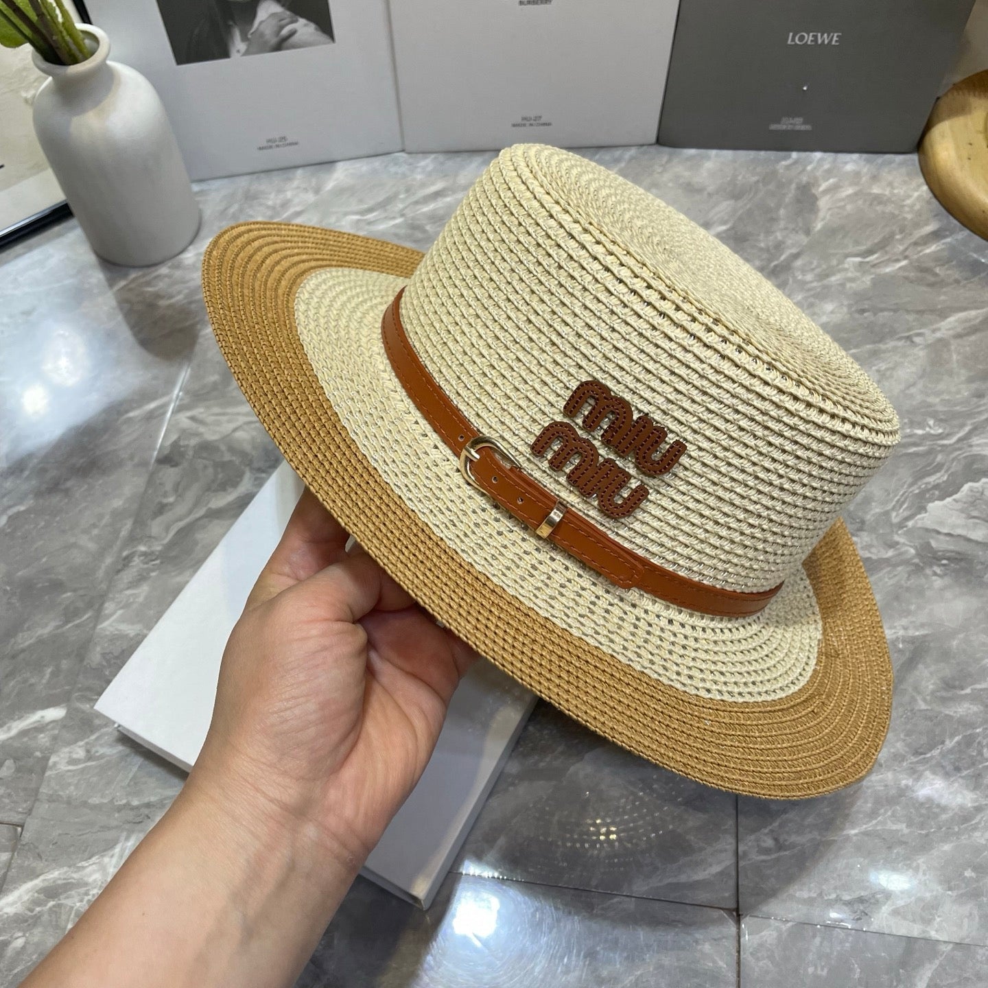 MIU MIU Raffia Straw Boater Hat