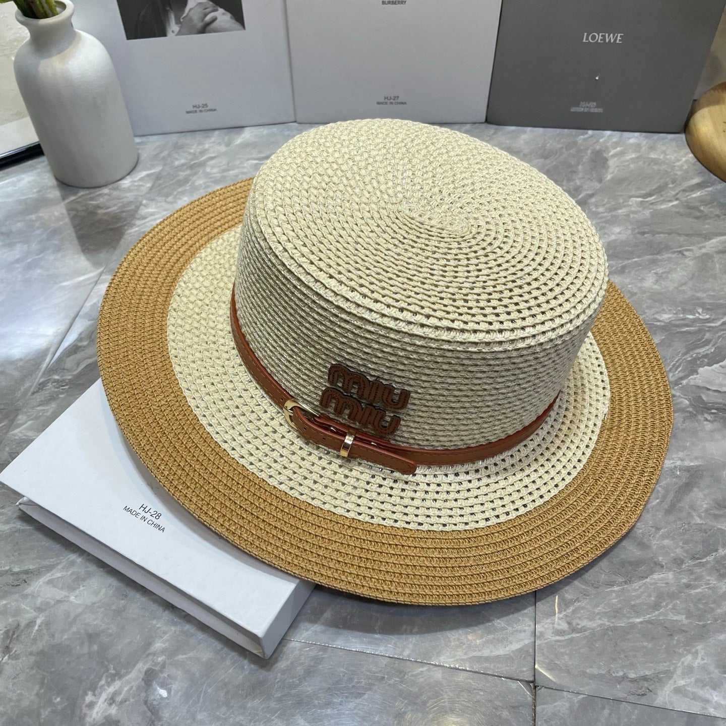 MIU MIU Raffia Straw Boater Hat